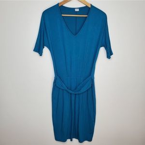 Three Dots Twist Gathered Short Sleeve Teal Stretch Jersey Viscose Dress Size M